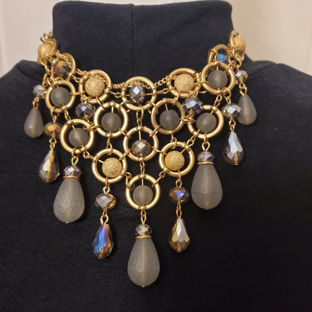 Elegant Gold and Gray Beaded Statement Necklace